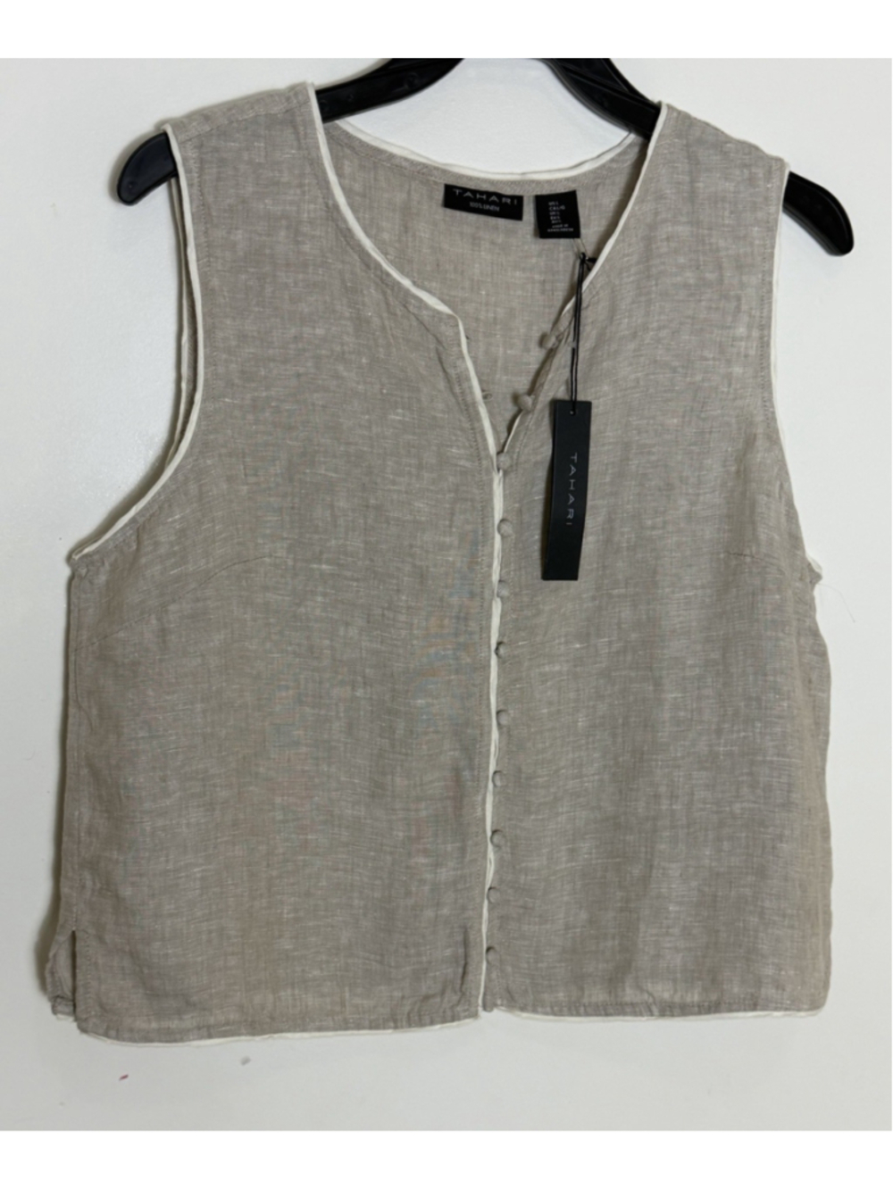Tahari beige 100% Linen Button Front Vest Top Medium Minimal Elegant Old Money